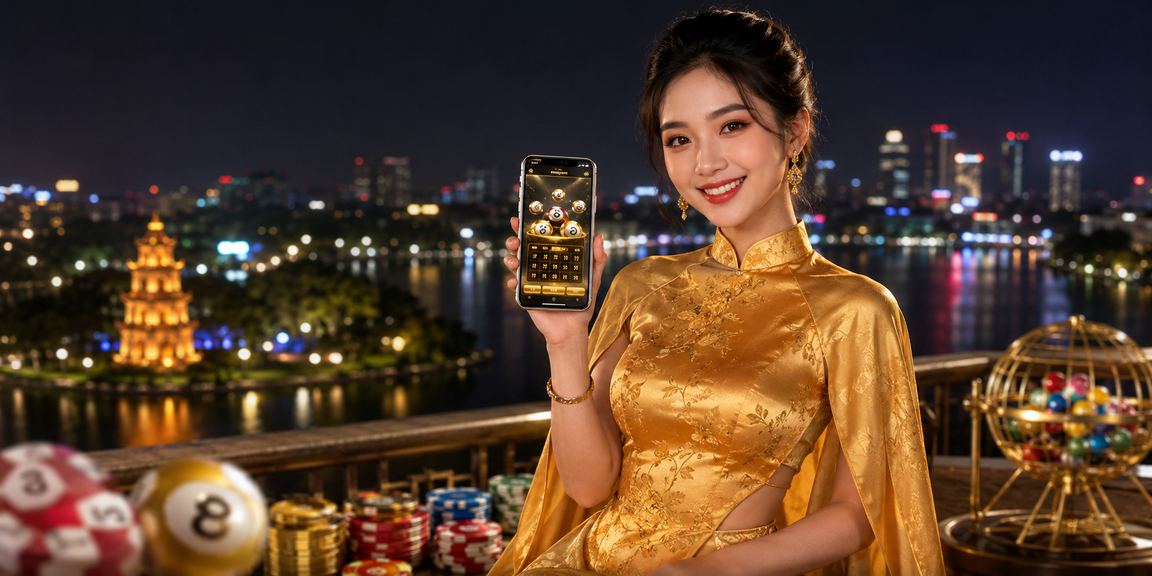 Giao diện xổ số tại Hà Nội với người chơi mặc áo dài truyền thống